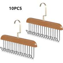 ERUIV Belt Holder For Wardrobe, 10 Wooden Clothes Hangers, Tie Rack With 8 Hooks, Rotating Tie Hanger, Non-Slip, Belt, Scarf, Organizer Storage - 原木色 - 查看 1
