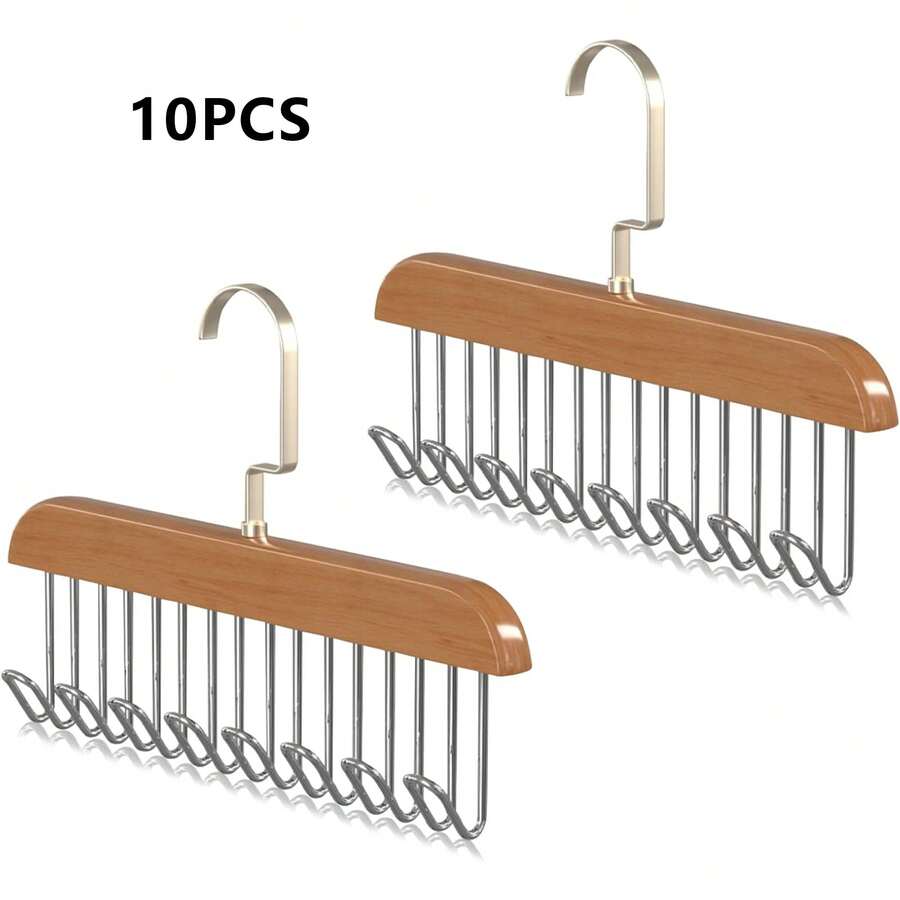 ERUIV Belt Holder For Wardrobe, 10 Wooden Clothes Hangers, Tie Rack With 8 Hooks, Rotating Tie Hanger, Non-Slip, Belt, Scarf, Organizer Storage - 原木色 - 查看 1