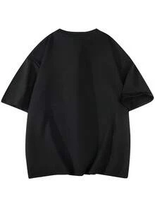 1件男士黑色亨利领短袖T恤，针织面料，透气吸湿，抗皱，复古风格休闲舒适短袖T恤，适合日常通勤和轻度社交场合。 - 黑色 - 查看 5