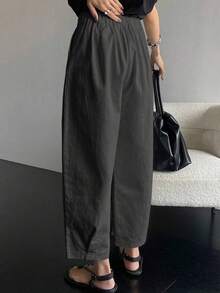Plus Size Women High Waist Wide Leg Pants, Essential For Commuting - Deep Gray Loose Drape Pants, Versatile For Summer Office, Casual And Business Wear Spring - Dark Grey - View 3