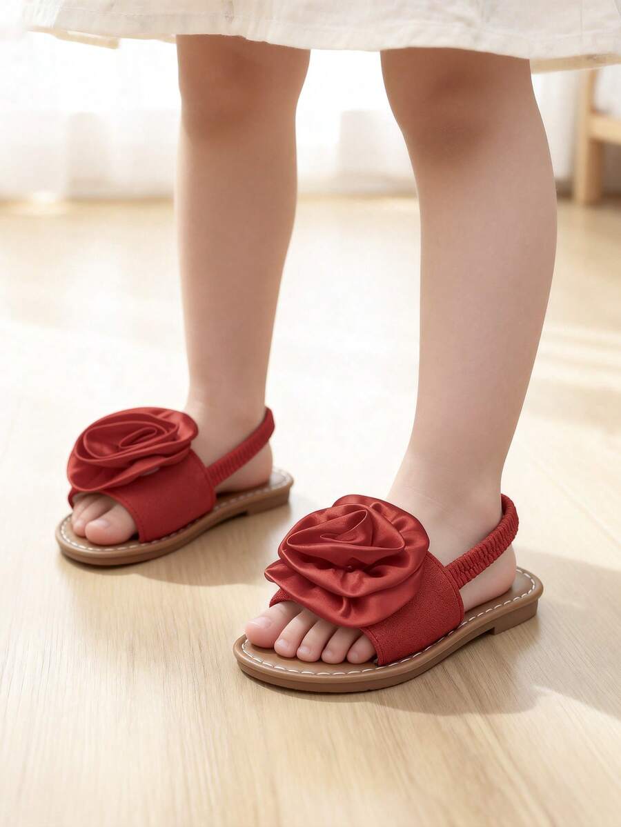 1双女童春夏平底凉鞋,红色玫瑰装饰,可调节绑带,套脚圆头,防滑轻便鞋底,时尚优雅可爱罗马凉鞋,适合3-15岁学生日常、聚会、旅行穿着。 - 紅色 - 查看 1