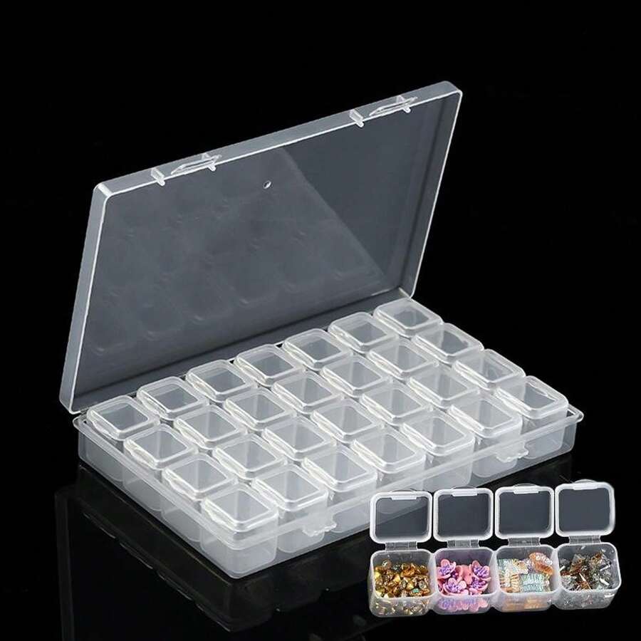 1pc Transparent Storage Box, 28 Grids DIY Diamond Painting Box, Jewelry Organizer, Plastic Storage Container For Fake Nail , Rhinestone Beads Storage Case - Clear - View 1