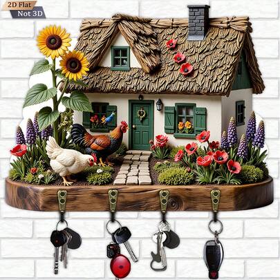 Gancho de llave de estilo rústico, de una sola pieza y plano en 2D, de madera, multifuncional, con 4 ganchos de metal, para decoración de pared, porche, habitación, villa, decoración del hogar para todo el año