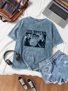 Áo thun ngắn tay cổ tròn tay lửng, chất liệu cotton, dáng rộng, đơn giản, thường ngày, in chữ, dành cho nữ và nam, cỡ lớn, mùa hè. - Màu xanh lam - Xem 2