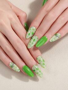 Bộ 16 miếng dán móng tay gel hình cỏ ba lá và ngôi sao mùa xuân/hè, chủ đề Ngày Thánh Patrick, thiết kế cỏ ba lá màu xanh nhạt, bền lâu, ít gây dị ứng, không cần đèn UV, phù hợp với trang phục thường ngày của phụ nữ và bé gái, tự làm móng tay. - màu xanh lá - Xem 8