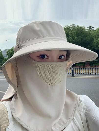 New Bucket Hat Women Full Coverage Outdoor Sun Protection Hat Large Brim Face Mask UV Protection Neck Cover Solid Color Casual Polyester Sun Hat, Spring/Summer