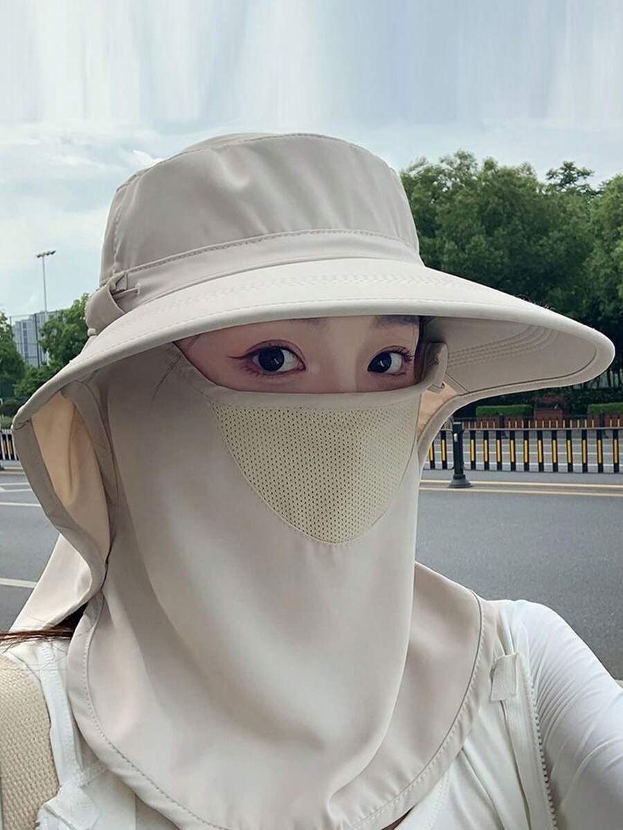 新款女士渔夫帽，全罩式户外防晒帽，大帽檐，面罩式防紫外线颈部遮挡物，纯色休闲涤纶遮阳帽，春夏、海滩、度假适用 - 帽子 - 查看 1