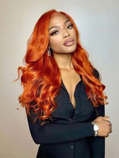 Eulisi 13*4 High-Definition Transparent Lace Wig In Ginger Orange With Wavy Curls, Real Human Hair Wig, Women's Colored Brazilian Human Hair Wig With Bangs, Pre-Cut Lace Gradient Orange Wavy Half-Machine, Half-Handmade Wig, 150% Density, Suitable For Various Occasions
