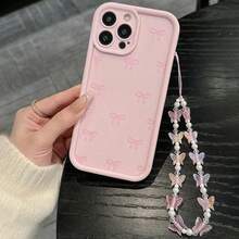 Pink Bow Pattern Butterfly Charm Phone Case Compatible With Iphone 17 16 15 14 13 12 11 Pro Max 16E X XS XR 7 8 Plus,Shockproof Protective Cover - Pink - View 4