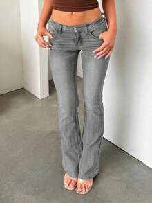 Vintage Style High Waist Button Fly Skinny Washed Slimming Casual Jeans For Women, Versatile - Light Grey - View 5