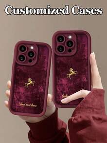 1pc Customizable Phone Case With Gold Galloping Horse Design And Text, Compatible With IPhone 17 Pro Max/17 Air/16E/15/14 Plus/13/12/11, A21S/S24/20 Ultra, Compatible With Redmi Note 13 Pro Plus, Made Of TPU Material, New Burgundy Color, 2026 Year Of The Horse Main Image Design, Fashionable And Personalized Anti-Drop, Best Gift For Family And Friends,International Version, Not The Domestic Version - Burgundy - View 3