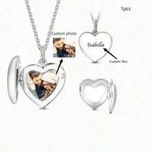 Customized Heart Shaped Stainless Steel Pendant Necklace With Photo, Photo Locket Necklace, Anniversary Gift, Mother's Day Gift For Mom/Grandma/Wife Silver Stylish, Fall Fashion, Casual, Vintage, Cuties Custom, Personalized, Unique Ideal Gifts For Her Girlfriend, Mom, Family, Friends, Daughter, Her, Grandparents For Anniversaries, For Birthday,Delicate Romance - 彩色 - 查看 5