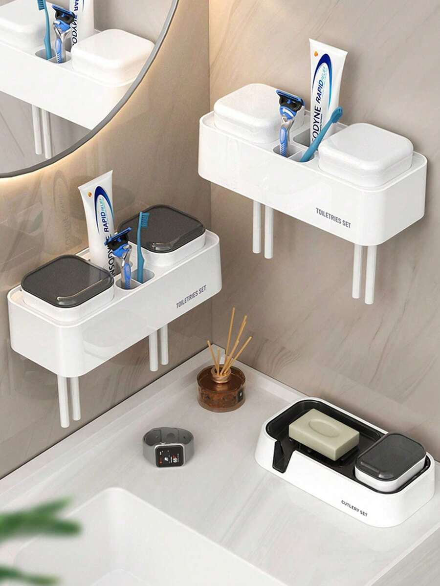 Wall Mounted Toothbrush Holder & Rinse Cup Set, Bathroom Electric Toothbrush & Toothpaste Storage Rack, No Drill Bathroom Electric Toothbrush & Rinse Cup Dental Cylinder Set - Multicolor - View 1