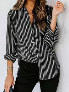 Striped Contrast Color Button-Up Long Sleeve Shirt, Suitable For Office Commute And Professional Wear Vacation Black Spring - Black - View 1