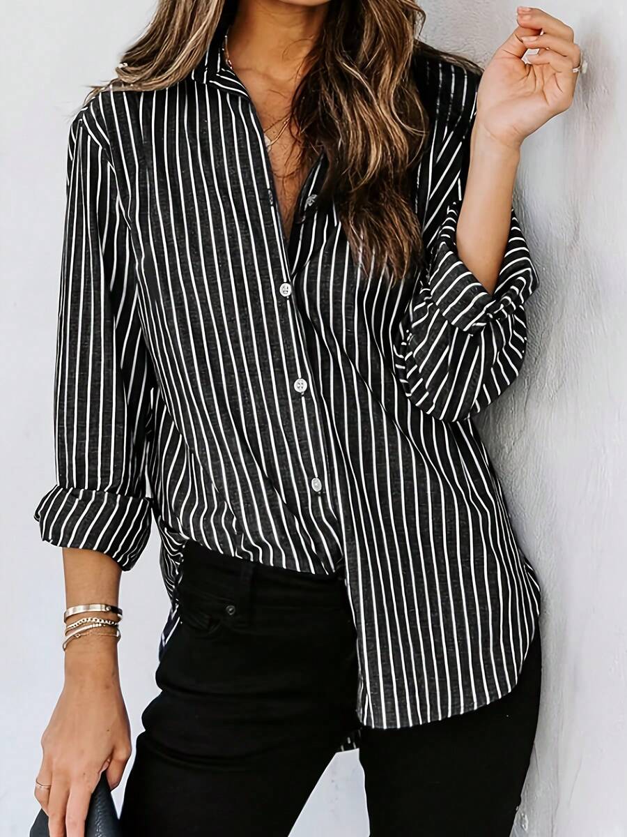 Striped Contrast Color Button-Up Long Sleeve Shirt, Suitable For Office Commute And Professional Wear Vacation Black Spring - Black - View 1