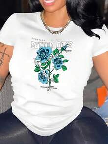 Chic Blue Rose Print Women's T-Shirt - Casual Crew Neck, Short Sleeve, Stretchy Polyester Blend, Machine Washable - Perfect for Summer & everyday Fashion - Weiss - Übersicht 1