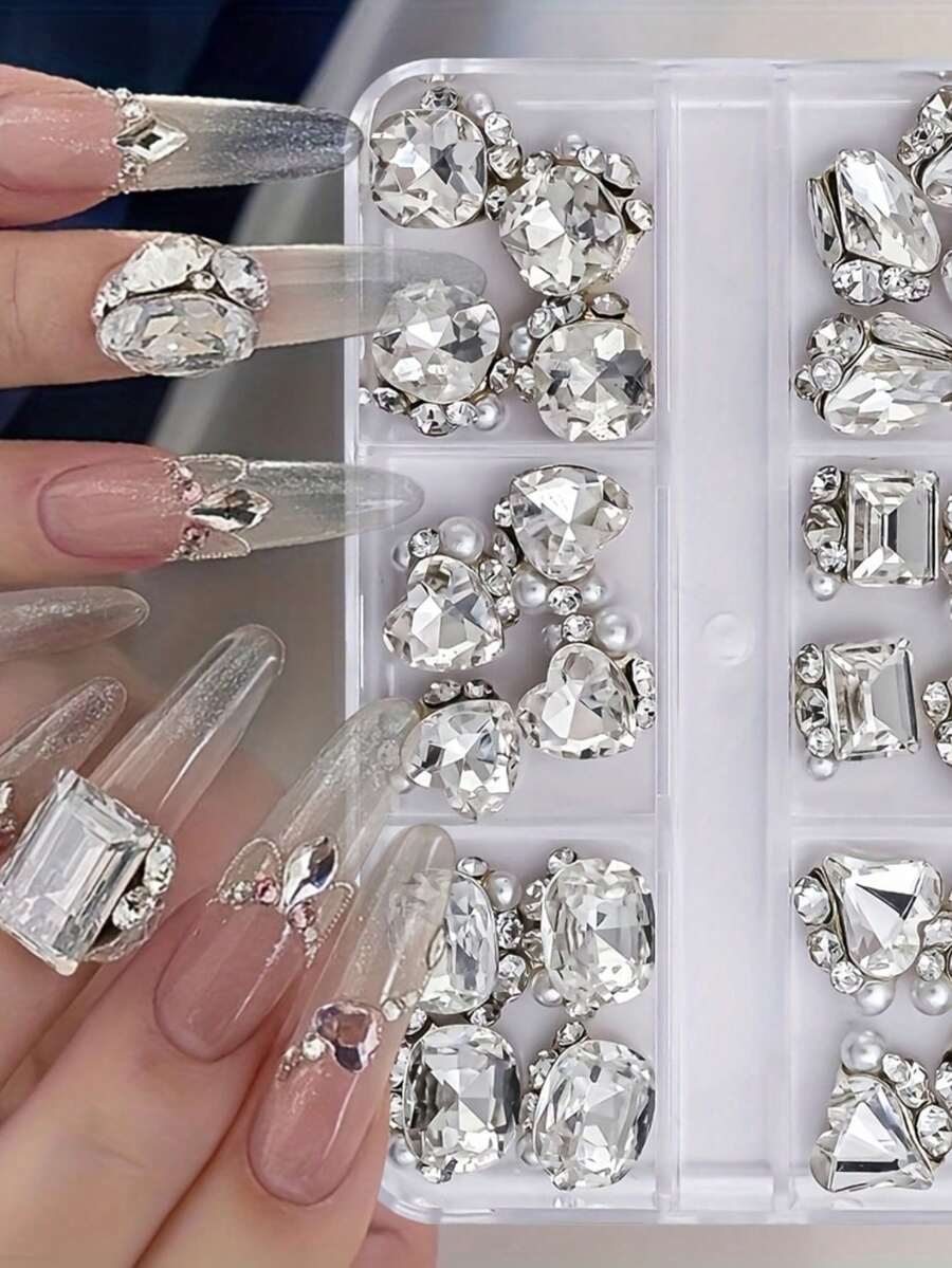 24pcs/Box Nail Art Decorations, Stacked Rhinestone Rectangle, Heart, Square & Axe Shapes, Shiny Luxury Versatile, Faux Pearl Nail Accessories, Nail Parts, Cute Nail Components, Rhinestones Nail Gems Nails Nail Charms - White - View 1