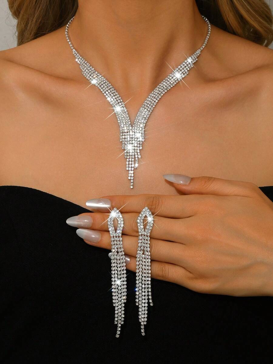闪耀奢华金色水晶流苏首饰套装，Y形水晶项链配流苏耳环，适合约会之夜、周年纪念日、生日礼物、斋月礼物。 - 1725銀色-HB - 查看 1