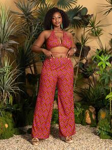 Faeriesty Plus Size Halter Neck Three Pieces Set - Geometric Print Kimono & Wide-Leg Trousers - Perfect For Garden Weddings, Outdoor Portraits & Bohemian Events - Red - View 4