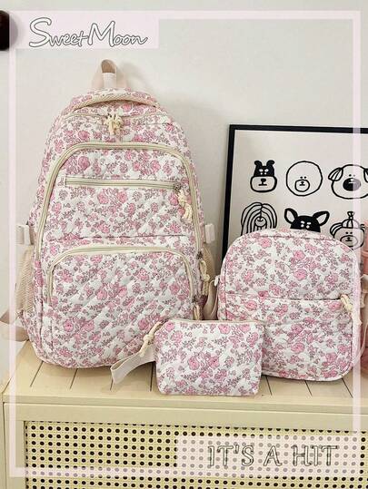 Set de 3 piezas Mochila plegable con cremallera de gran capacidad con estampado floral de rombos en color rosa sakura, adecuada para estudiantes de secundaria, versátil para el campus, el transporte, los viajes al aire libre, también como regalo festivo, puede contener libros, estuche de lápices, bolsa de cosméticos, etc., adecuada para la familia, regalo, vacaciones