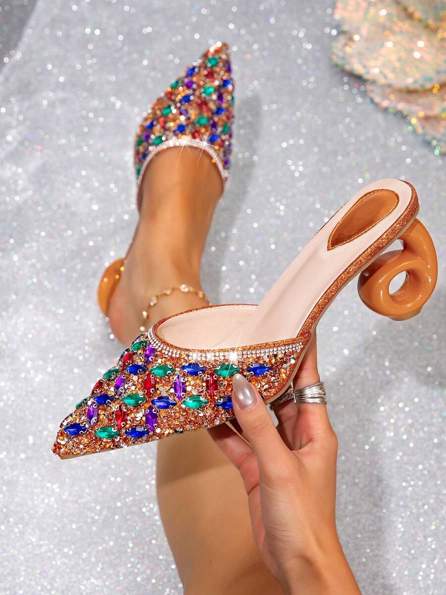 女士时尚高跟鞋，女士高跟凉鞋，不对称高跟凉鞋，在中东和欧洲流行，时尚尖头闭趾礼服高跟鞋，饰有闪亮水钻，新款6字形不对称高跟鞋，优雅性感轻便高跟穆勒凉鞋，适合婚礼、派对、性感场合、情人节，橙色高跟鞋