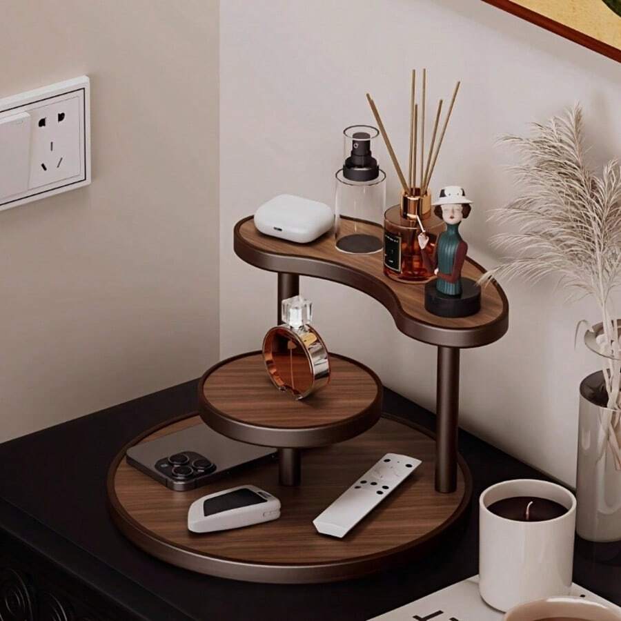 1pc Wooden Desktop Storage Tray, Suitable For Perfume And Cosmetics - Multi-Layer Display Rack, Modern Home Decor Design, Space-Saving Brown Wooden Vanity Tray, Suitable For Bedroom And Bathroom Cosmetic Display Rack - Multicolor - View 1