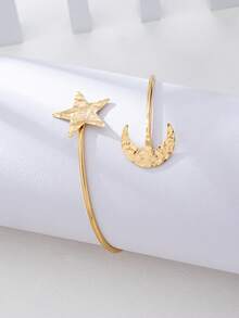1 pieza Brazalete de metal con estrella y luna arrugado de estilo personalizado y de Oriente Medio para mujeres, ideal para el Ramadán - amarillo dorado - Ver 2