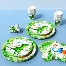 可爱恐龙一次性餐盘、餐巾纸、纸杯 - 一次性派对用品套装，可供 8 位客人使用，一次性纸盘适用于生日、婚礼、主题派对、家庭野餐 - 彩色 - 查看 5