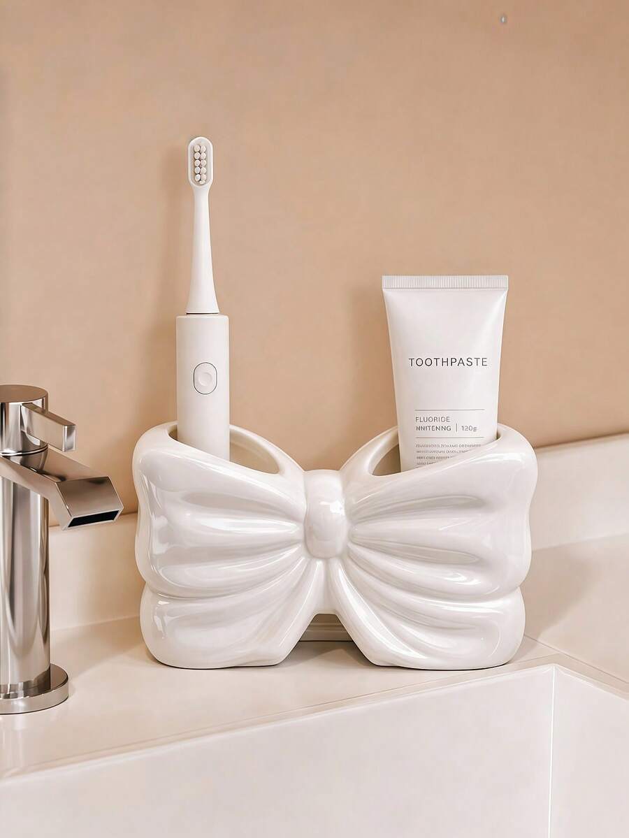 1 pieza Soporte para cepillo de dientes con lazo nórdico, soporte para cepillo de dientes eléctrico, estante de almacenamiento de cosméticos, organizador de cepillos de dientes, decoración de escritorio para el hogar, decoración elegante para la habitación, decoración del hogar, almacenamiento que ahorra espacio, para la cocina, el baño y el dormitorio - Multicolor - Ver 1