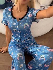 Disney Women's Pajamas Stitch Print Lace Trim Rolled Button Short-Sleeve And Long-Pants Set - Multicolor - View 1