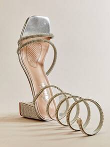 Hauture Women's Allover Rhinestone Embellished Square Toe Block Heel Coil Wrap Silver Dress Sandals – Dazzling, Slip-On & Occasion-Ready Essential Summer Shoes Spring Shoes Spring Break Easter Prom Heels Wedding Shoes For Christmas - Silver - View 3