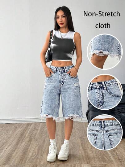 Women's Casual Denim Bermuda Shorts, Distressed Details, Non-Stretch Light Wash Denim Shorts With Frayed Hem Summer