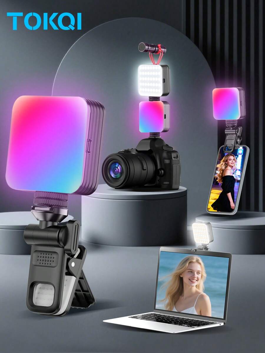 TOKQI Luz de relleno de bolsillo RGB de color completo, luz selfie giratoria 360°, adecuada para teléfonos inteligentes, palos selfie, computadoras portátiles, luz de cámara recargable con adaptador de zapata fría y clip, iluminación de color ajustable, compatible con Android e iOS, para fotografía, selfie, vlog, etc.