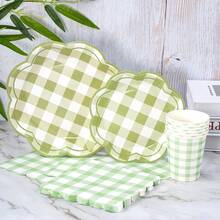Green & White Checkered Wavy Trim Disposable Plates, Napkins, Cups - 8 Guest Party Supplies Set, Disposable Paper Plates Suitable For Birthday, Wedding, Theme Party, Family Picnic - Multicolor - View 3