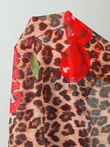 3pcs Red Leopard Print Bikini Set With Tie Front Cover Up, Swimsuit For Women Vacation - Multicolor - View 6