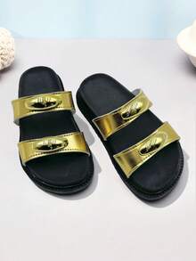 1 Pair 3-10 Years Old Girls' Black & Gold Metallic Buckle Sandals, Soft PU Non-Slip Thick Sole Open Toe Double Strap Flat, Fashionable Luxury Style, Summer Outdoor/Daily Wear - Gold - View 6