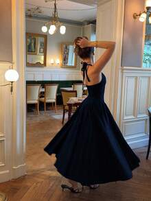 Women's Solid Color Deep V Elegant Casual Commute Date Romantic Dress, Elegant Casual Commute Date Romantic Dress, Vacation, Summer Dresses - Navy Blue - View 3