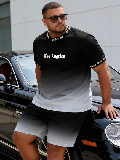 2pcs Plus Size Men's Gradient "ANGELES" Letter Print Short Sleeve Outfit, Casual & Outdoor Suitable For Spring/Summer