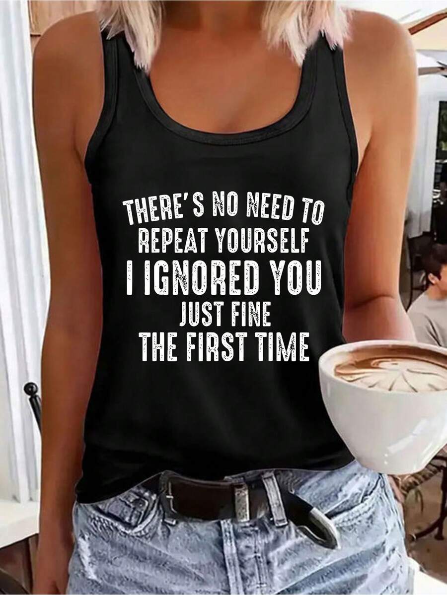 Women's Sleeveless Tank Top - Bright Pink With Bold "I IGNORED YOU JUST FINE" Text - Stretchy Vest For, Casual Outfits - Machine Washable Summer Clothing - Funny Statement Shirt, Shirts, Outdoor Apparel, Y Look, Stretchy Fabric,  Design, Comfortable Fit, Lovers Plus Size Women's Sleeveless Tank Top Vibrant Graphic Print Non-See-Through Curve-Friendly Relaxed Fit Wide Anti-Slip Straps Lightweight Breathable All-Season Versatile For Gym Yoga Beach Daily Casual Office Swim Cover-Ups - 黑色 - 查看 1