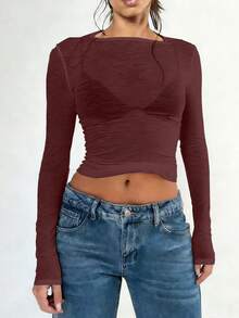 Y2K See-Through T-Shirts For Women Summer Stretchy Long Sleeves Round Neck Slim Sheer Sexy Beach Short Tops - Burgundy - View 2