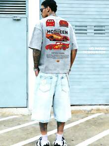 Disney-Racing Mobilization Lightning McQueen Pure Cotton Short Sleeved T-Shirt For Men's Summer Doing Old Water Washed Loose Large Top With Front And Rear Printed Casual Half Sleeve Parent Child Wear - 淺灰色 - 查看 1