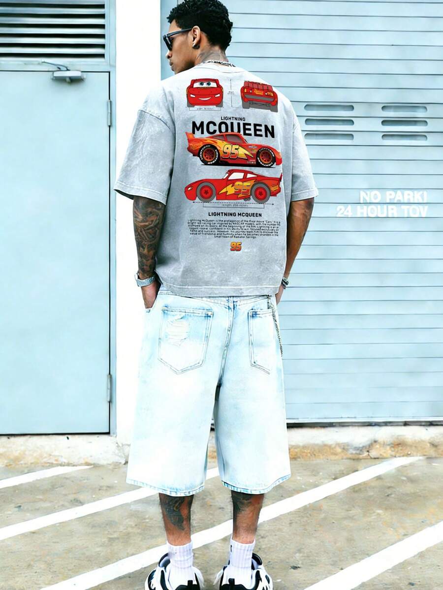 Disney-Racing Mobilization Lightning McQueen Pure Cotton Short Sleeved T-Shirt For Men's Summer Doing Old Water Washed Loose Large Top With Front And Rear Printed Casual Half Sleeve Parent Child Wear - 淺灰色 - 查看 1