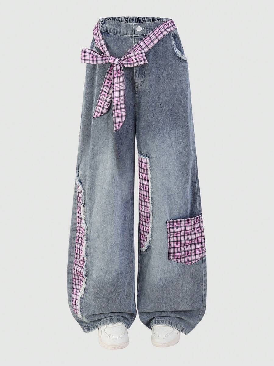 13-16 Years Old Teen GirlBlue Plaid Waist Belt Washed Ripped Plaid Denim Jeans - Blue - View 1