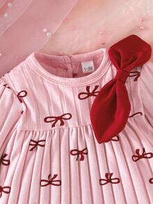 Newborn Baby Girl Gift Set - Dress With Bow, Heart & Stripe Print, With Socks And Headband - Pink - View 6