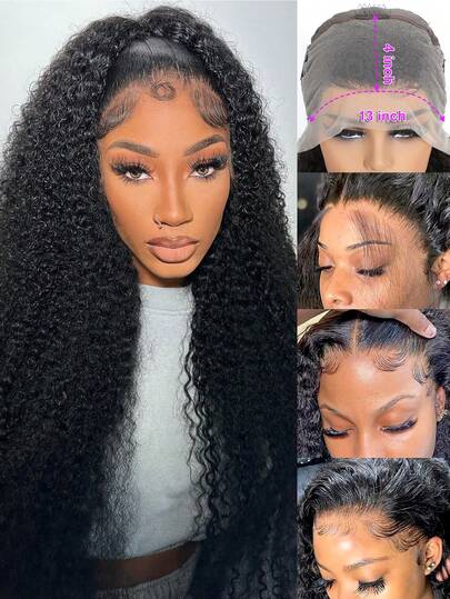 Transparent 13x4 Lace Frontal Wig Kinky Curl Virgin Human Hair 16-32inches Curly Pre Plucked Hairline High Density Natural Black Color Lace Front Wigs With Baby Hair