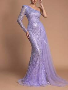 Faeriesty Váy dạ hội dài tay đơn vai dành cho nữ có chi tiết buộc sau lưng, áo choàng voan mỏng và chân váy đuôi cá - Đầm dạ hội trang trọng cho sự kiện trang trọng, trang phục cưới, đêm nhạc Opera, tiệc tối sang trọng - Màu tím - Xem 2