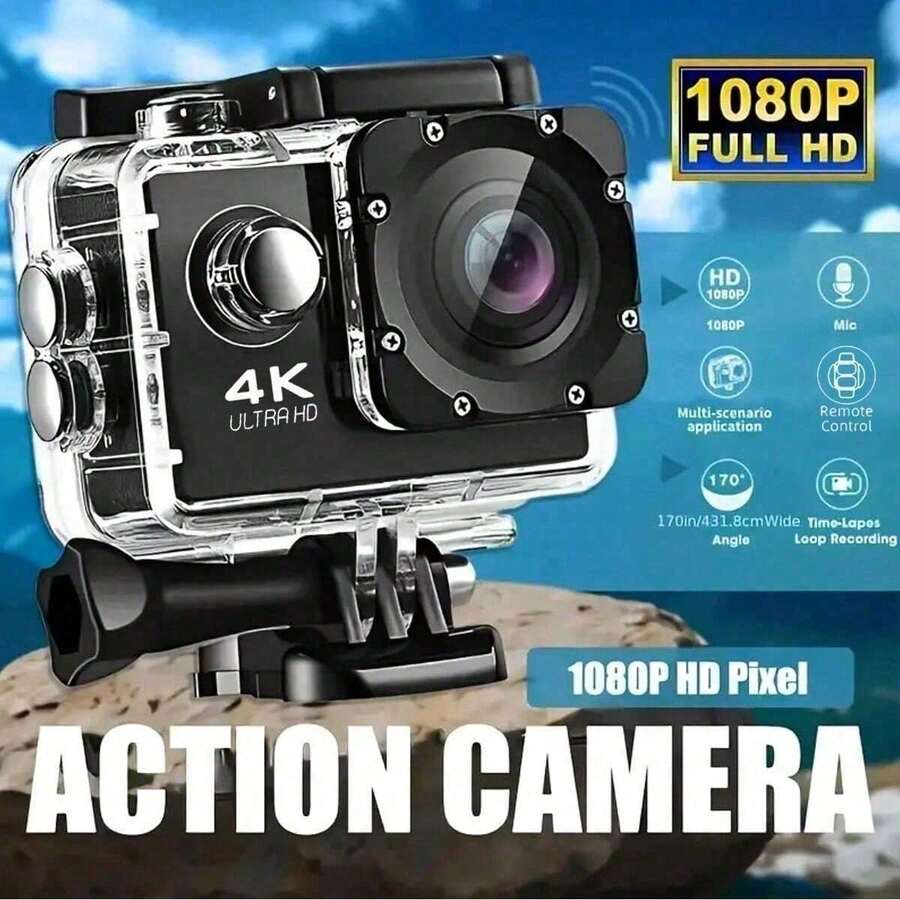 4K Action Camera 1080P HD, 170° Wide Angle Waterproof Sports Camera, With 2.0" LCD Screen, 1050mAh Rechargeable Battery, Electronic Image Stabilization, Ideal For Cycling, Diving, Vlogging And Outdoor Adventure