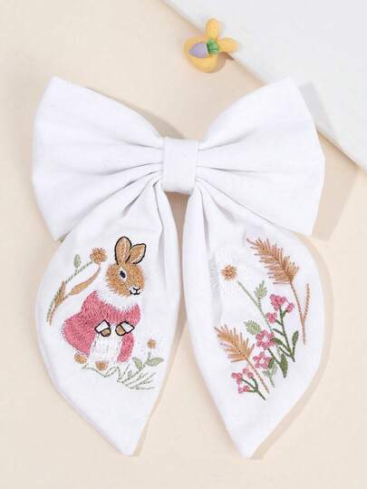 1pc Cute Embroidered Rabbit Bow Hair Clip For Girls, Adorable Easter Bunny Hair Bow, Large White Bow Hair Accessory, Suitable For Spring/Summer Daily Wear, School, Party, Sweet Rabbit Hair Decor Gift For Daughter