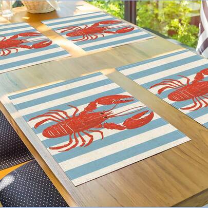 4 pezzi Tovagliette rettangolari in lino da 12,5*16,5 pollici, termoisolanti, con motivi a strisce bianche e blu e aragoste rosse, ideali per feste, cucina, ristorante, decorazione tavolo domestica