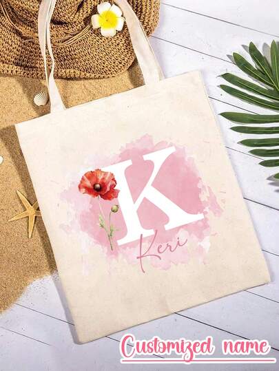 Personalized Floral Canvas Tote Bag, Customizable With Name Printing, Suitable For Weddings, Birthdays, Shopping And Various Occasions. An Ideal Gift For Women, Also Can Be Used As Bridesmaid Gift, Wedding Favor Or New Year Gift.